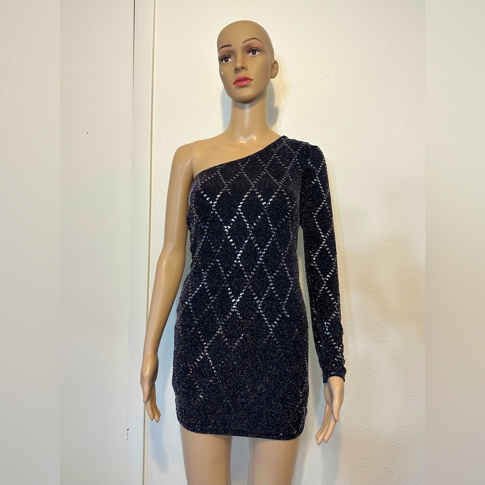 Lumiere Black Silver Sparkle One Shoulder Long Sleeve Party Dress Size XS